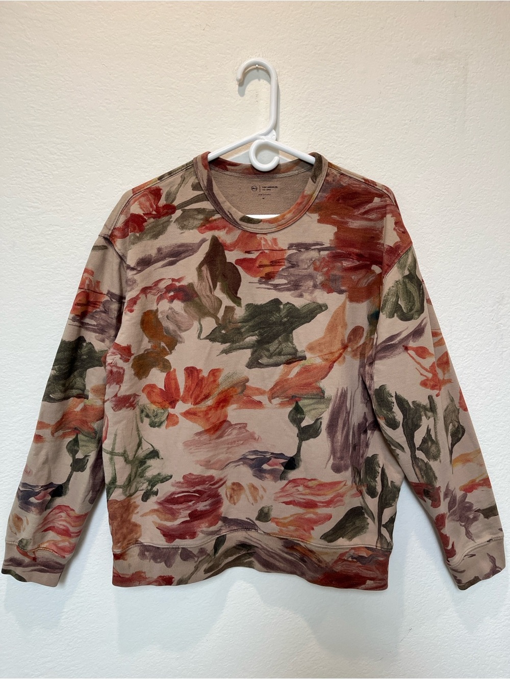 AG Beige Crewneck Sweater with Rust, Olive & Mauve Brushstroke Print